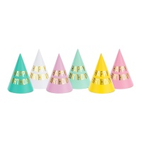 Chapéus de Happy Birthday em cores sortidas - 6 unidades