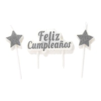 Velas de Feliz Aniversário com estrelas e purpurina prateada - 3 pcs.