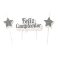 Velas Happy Birthday com estrelas e purpurinas prateadas - 3 peças