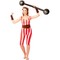 Fantasia feminina de homem forte, vermelha e branca