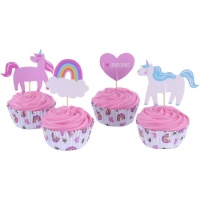 Cápsulas para cupcakes com palitos de unicórnio - 24 unidades