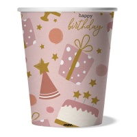 Copos cor-de-rosa Happy Birthday 250 ml com prendas - 8 peças