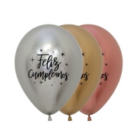 Balões de látex biodegradáveis metalizados de Feliz Cumpleaños com estrelas de 30 cm - Sempertex - 12 unidades