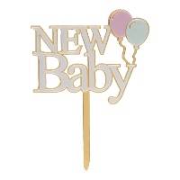 Topper para bolo New Baby dourado e branco de 10 x 14 cm