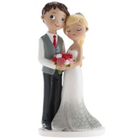 Figura para bolo de casamento de uma noiva e um noivo segurando um ramo de flores, 16 cm.