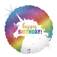 Balão de Happy Birthday Unicórnio com purpurina de 46 cm - Grabo