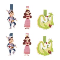 Prendedores de cavaleiro, princesa e dragão - 6 unidades