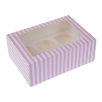 Caixa às riscas rosa e branca para 6 cupcakes de 22,9 x 16,5 x 9 cm - House of Marie - 2 unidades