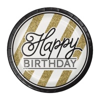 Pratos dourados Happy Birthday 23 cm - 8 unid.