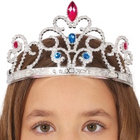 Tiara de prata com pedras azuis e fúcsia