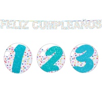 Grinalda de feliz cumpleaños con número de goma eva azul