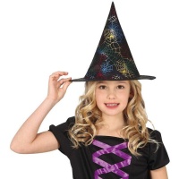Chapéu de bruxa com teia de aranha colorida para criança