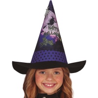 Chapéu lilás com silhueta de bruxa para rapariga