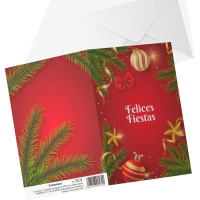 Cartão de felicitações de Natal vermelho e dourado com bolas, ramos e estrelas