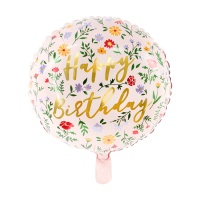 Balão redondo Happy Birthday com flores 35 cm - PartyDeco