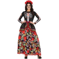 Fato de Catrina Mexicana com flores e caveiras para mulher.