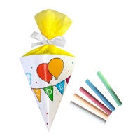 Cone de papel com banner e arco-íris para ofertas