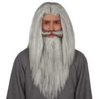 Cabeleira comprida com bigode e barba cinzenta