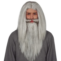 Peruca comprida com bigode e barba cinzenta