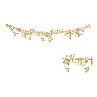 Guirlanda de Happy Birthday floral dourado de 1,30 m