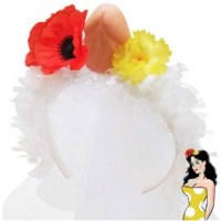 Bandolete com véu branco, pénis e flores coloridas