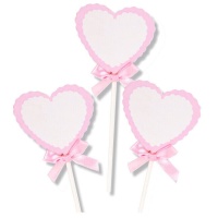 Topo de bolo coração cor-de-rosa com laço - 3 unidades