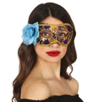 Máscara azul-marinho e dourada com rosa azul