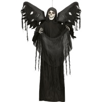 Esqueleto pendente de 1,60 m com túnica preta e asas com luz, som e movimento