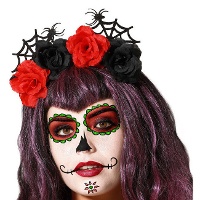Tiara de Flores Pretas e Vermelhas de Catrina