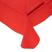Toalha de mesa 1,50 x 1,50 m em tecido Lurex vermelho com 4 guardanapos.