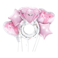Bouquet de anéis de diamantes prateados e cor-de-rosa - 5 unidades
