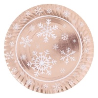 Tabuleiro redondo metálico rosa dourado com flocos de neve de 30 cm - 1 pc.