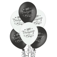 Balões de látex preto e branco pastel Feliz Aniversário 30 cm - PartyDeco - 6 unidades