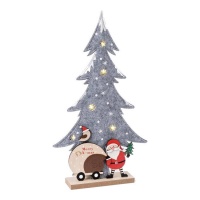 Árvore de Natal cinzenta com figura do Pai Natal e luz