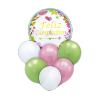 Bouquet Feliz Aniversário em verde e rosa - 7 unidades