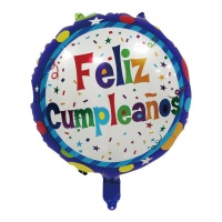Balão Feliz Aniversário com estrelas e confettis coloridos 45cm