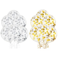 Balões de látex transparentes com confettis em forma de estrela 30 cm - PartyDeco - 6 peças