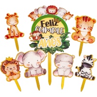 Topo para bolo de Feliz Aniversário com animais - 7 unidades