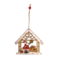 Adorno pendente de casinha com Pai Natal de madeira de 12 cm
