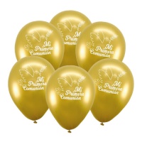 Balões de látex dourados Minha Primeira Comunhão com pomba 23 cm - Eurofiestas - 6 unidades