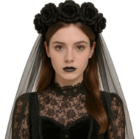 Tiara com véu preto e flores pretas