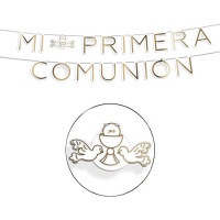 Guirlanda My First Communion 4m cálice dourado e pombas