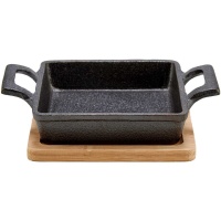 Bandeja de ferro com alças e base de bambu quadrada