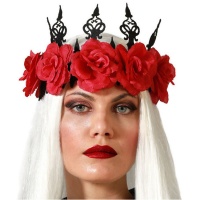 Faixa de cabeça com flores vermelhas e pontas pretas