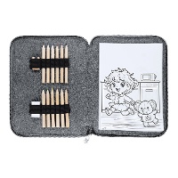 Kit para colorir com folhas, lápis de cor, borracha e apontador em estojo de feltro