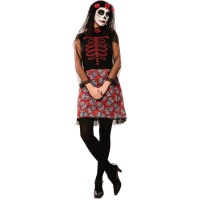 Fato de catrina vermelho e preto com caveiras para mulher