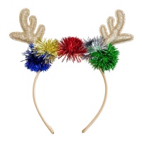Fita para a cabeça de rena com enfeites de Natal multicoloridos