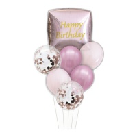 Balão de Feliz Aniversário cor-de-rosa - 7 peças
