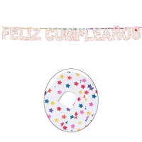 Grinalda de Feliz Aniversário com estrelas coloridas.
