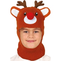 Gorro de rena efeito lã com nariz e cornos